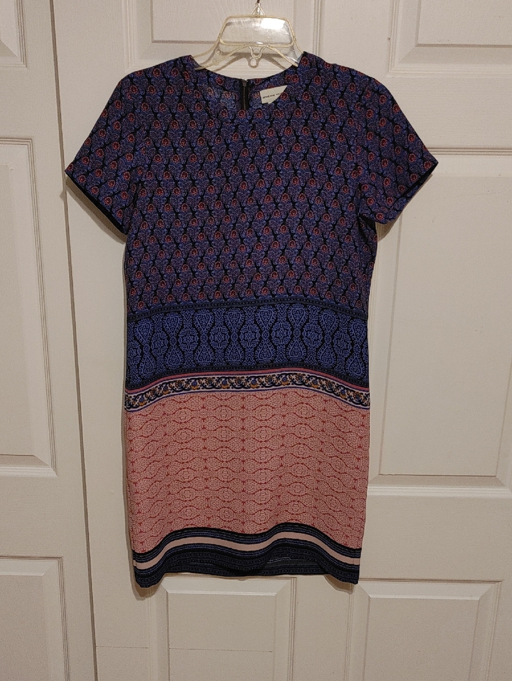 Adrienne Vittadini Navy and Pink Patterned Short Sleeve Shift Dress